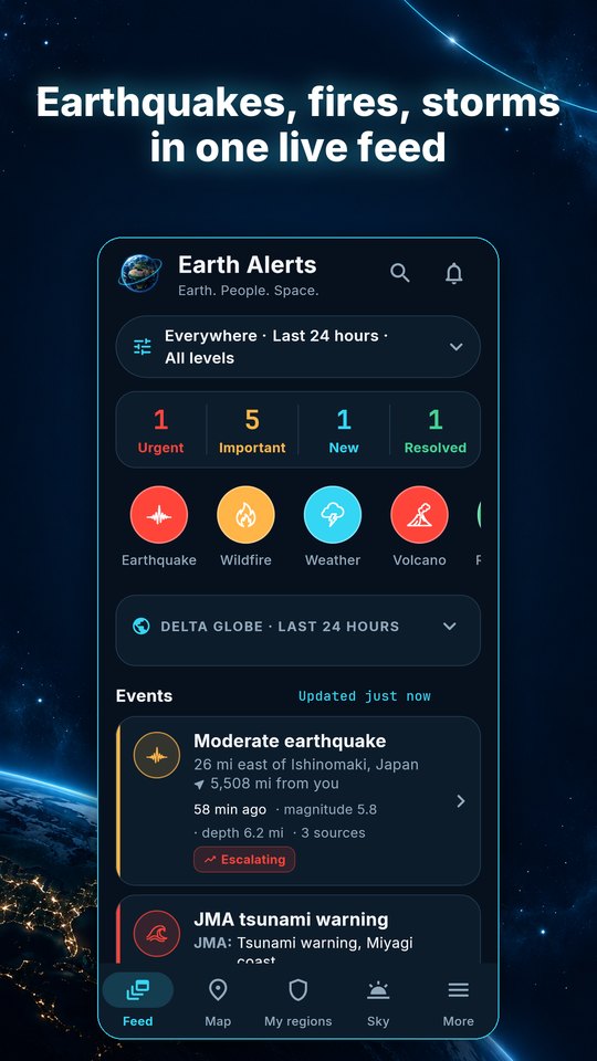 Feed with plain-language event cards and filters