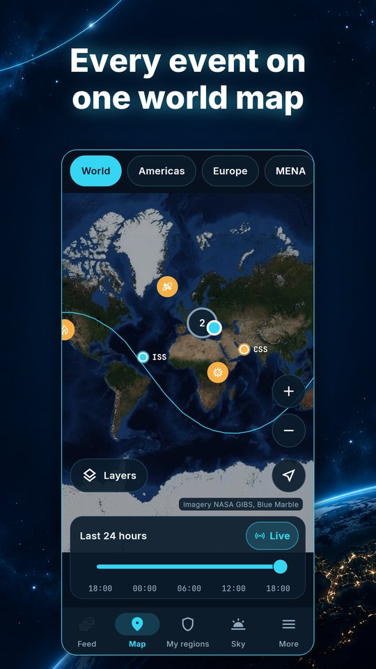 Live world map with events and the Space Station