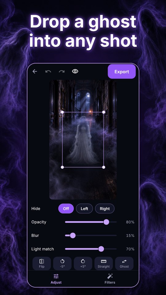 A ghost placed in a hallway photo, with opacity, blur and light match sliders