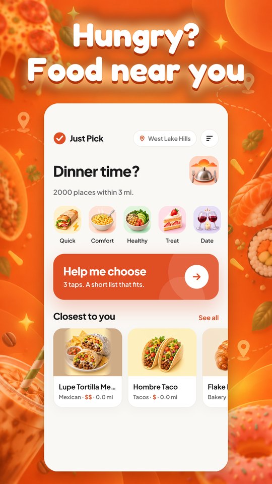 Home: food near you, with quick moods and the closest places