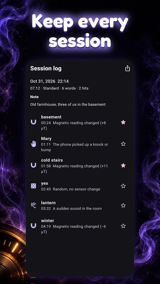 The session log with hits starred